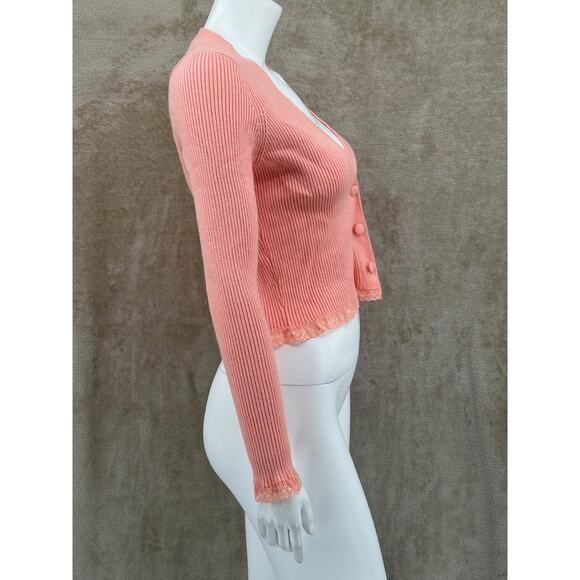 For Love & Lemons Sweater Womens Medium Nina Cardigan Peach Knit Lace Feminine - Picture 3 of 11